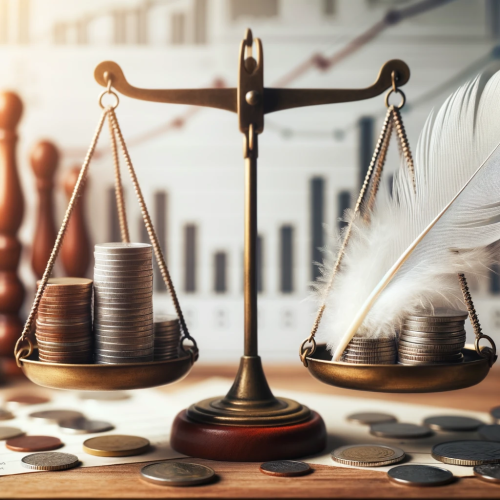 DALL·E 2023-10-15 09.42.02 - Photo of a balanced scale on a wooden table. On one side, coins stack steadily, while on the other side, a feather symbolizes lightness and freedom. I